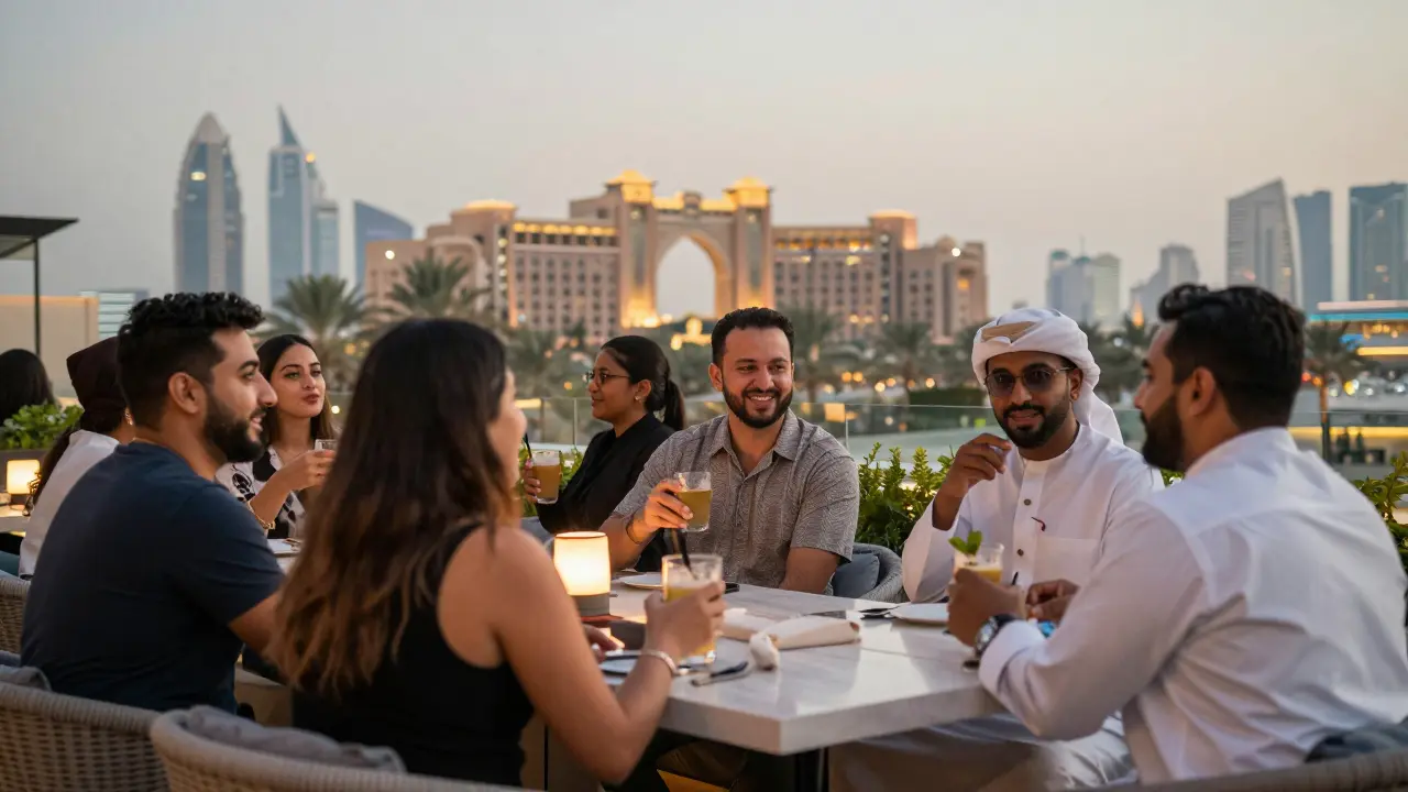 Diverse group of people enjoying a friendly gathering at a rooftop bar in Abu Dhabi at dusk.