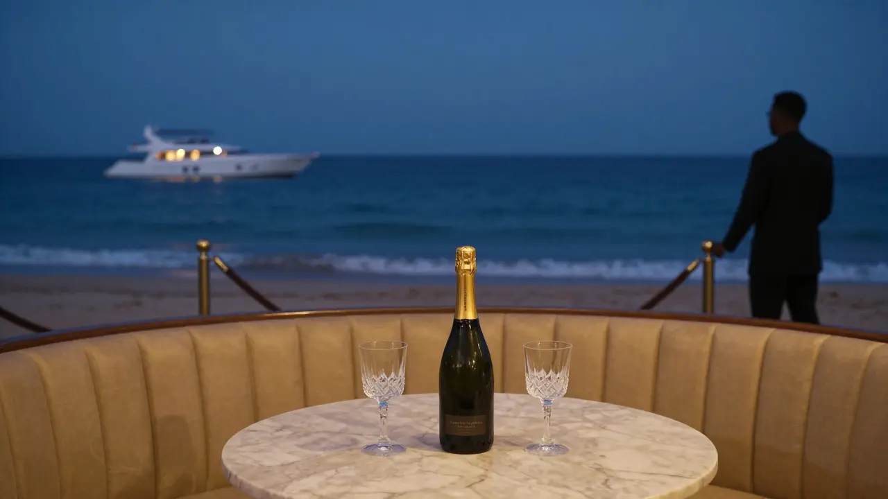 Empty VIP beach booth at Blue Bay with champagne bottle and crystal glasses, yacht glowing in the distance under starry night.