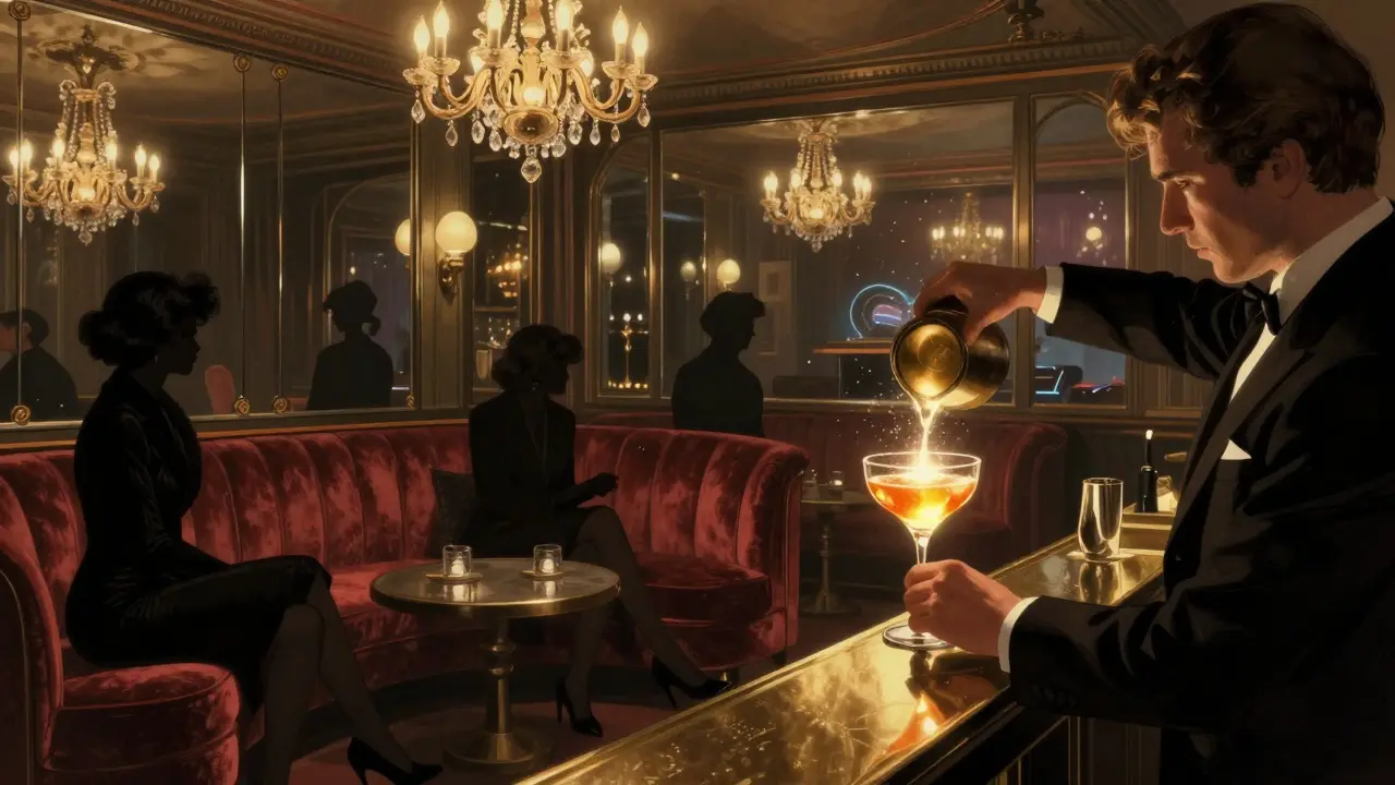 Glamorous 1970s-style interior of Le Baron with velvet couches, chandeliers, and stylish patrons dancing.