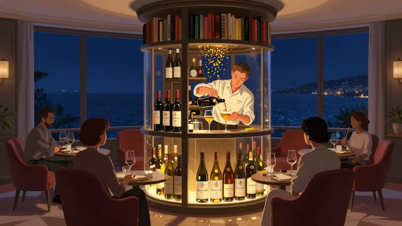 Hidden wine bar behind a sliding bookshelf with glass wine cellar and mixologist pouring a golden cocktail under soft light.