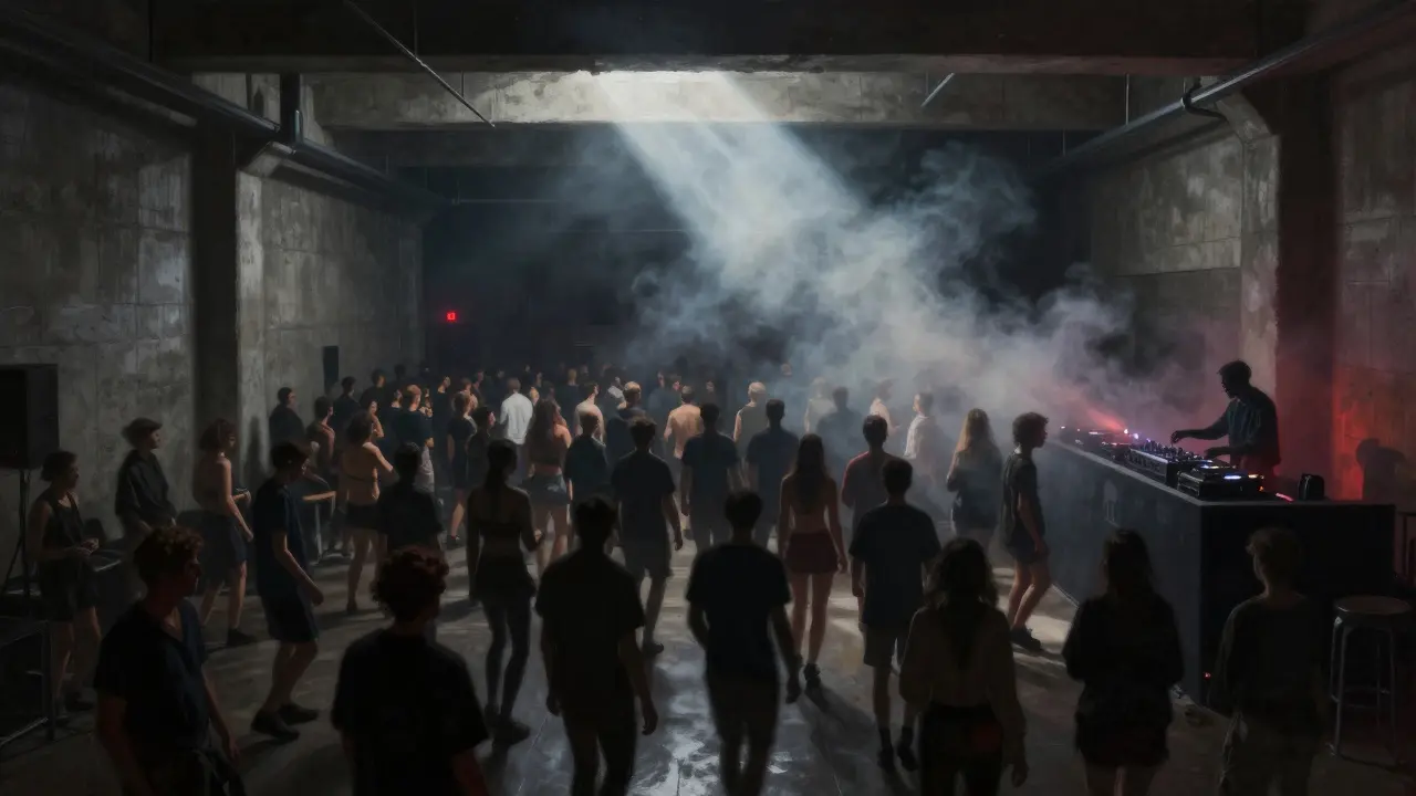 Industrial Concrete club with smoke, single light beam, and unified crowd moving to music in darkness.