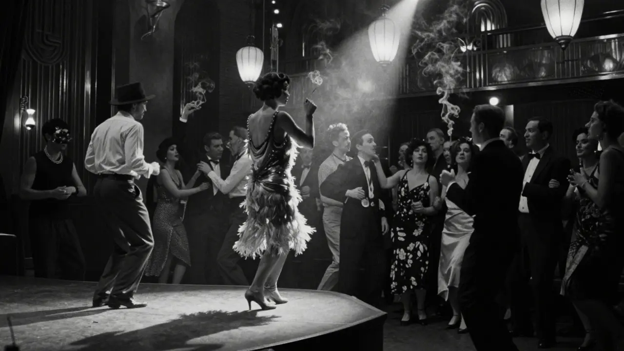 Josephine Baker performing jazz in a 1920s Paris cabaret, crowd dancing under lantern light.