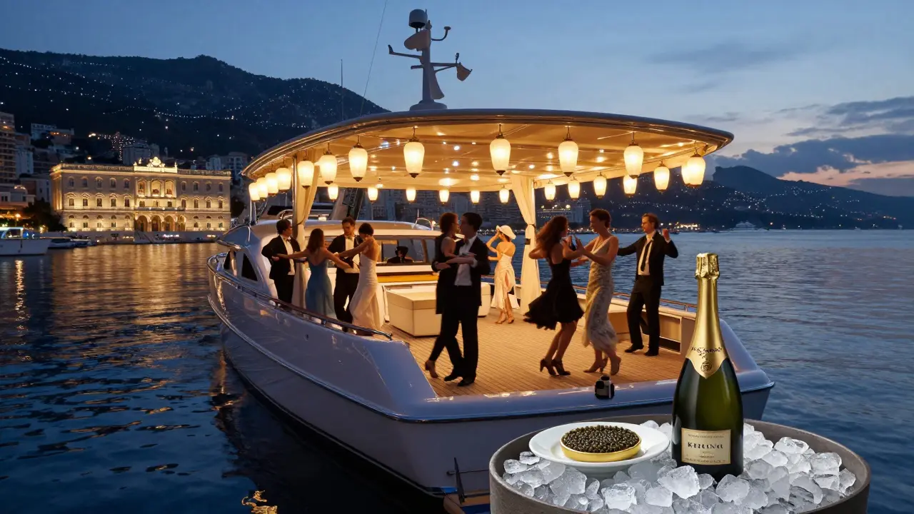 Luxury yacht at dawn in Monaco harbor with lanterns, string quartet, and Prince’s Palace in distance under starry sky.
