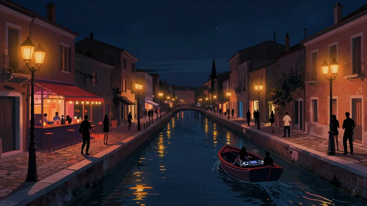 Neon-lit canal district of Navigli at night with a music boat and dancers on cobblestones.