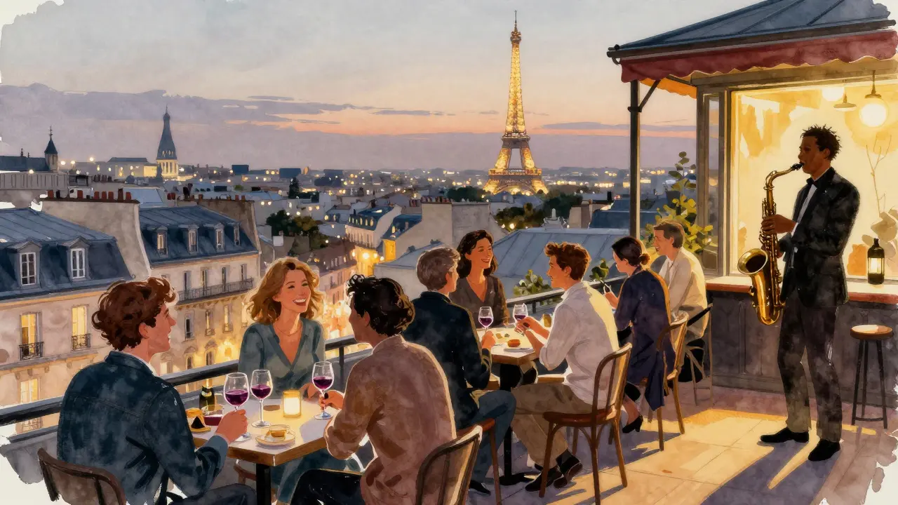People laugh and drink at a rooftop bar in Montmartre, the Eiffel Tower glowing in the background at dusk.
