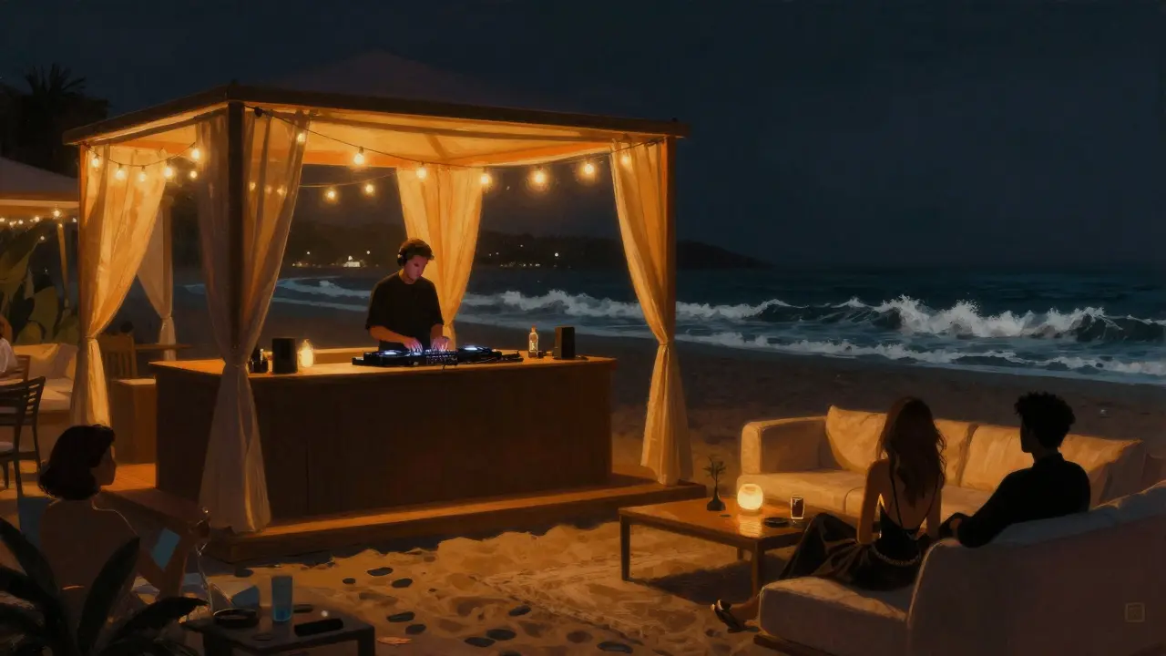 Private beach cabana at Club 55 with soft lights, DJ spinning, and stylish guests lounging by the Mediterranean.