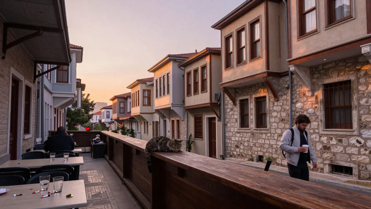 Quiet alley at sunrise with a cat on a bar counter, empty glasses, one person walking away with coffee.