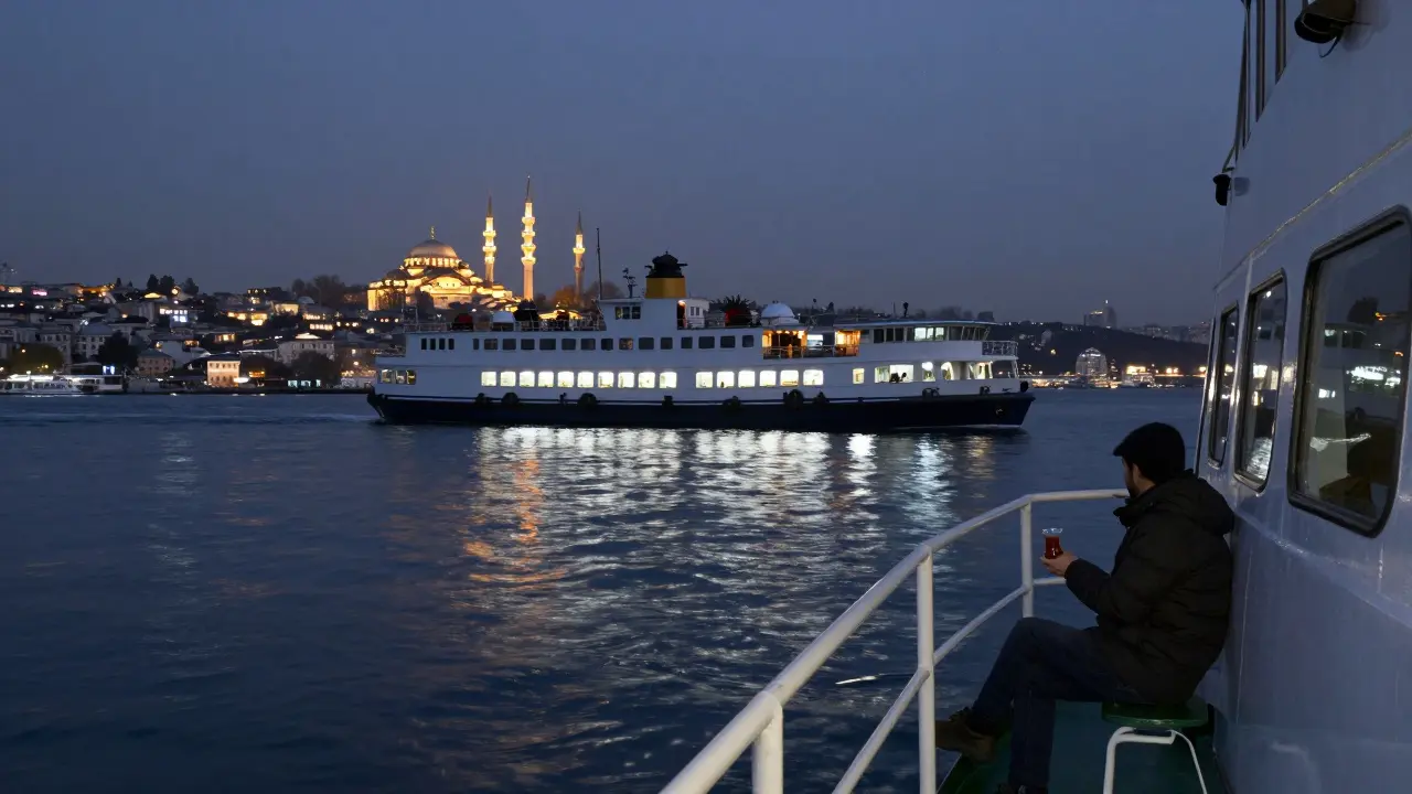 Quiet ferry crossing the Bosphorus at night, city lights reflecting on water, lone passenger on deck.