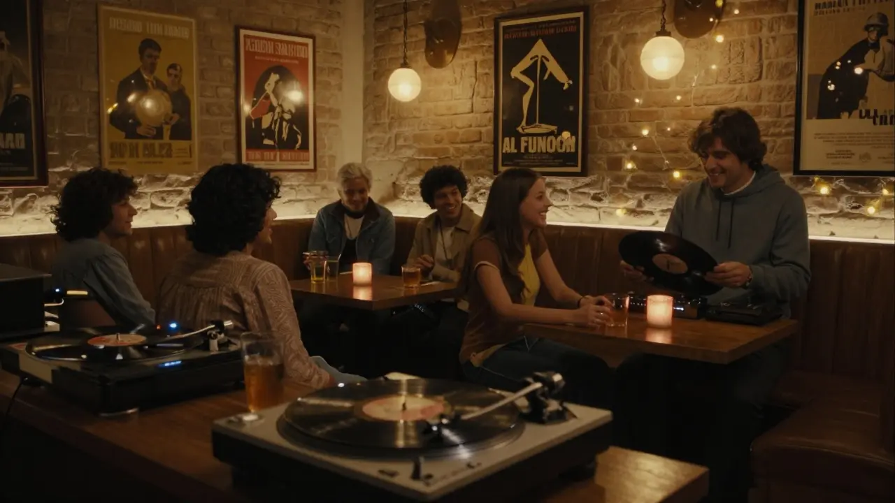 Retro lounge with vinyl records and locals relaxing in warm, dim lighting.