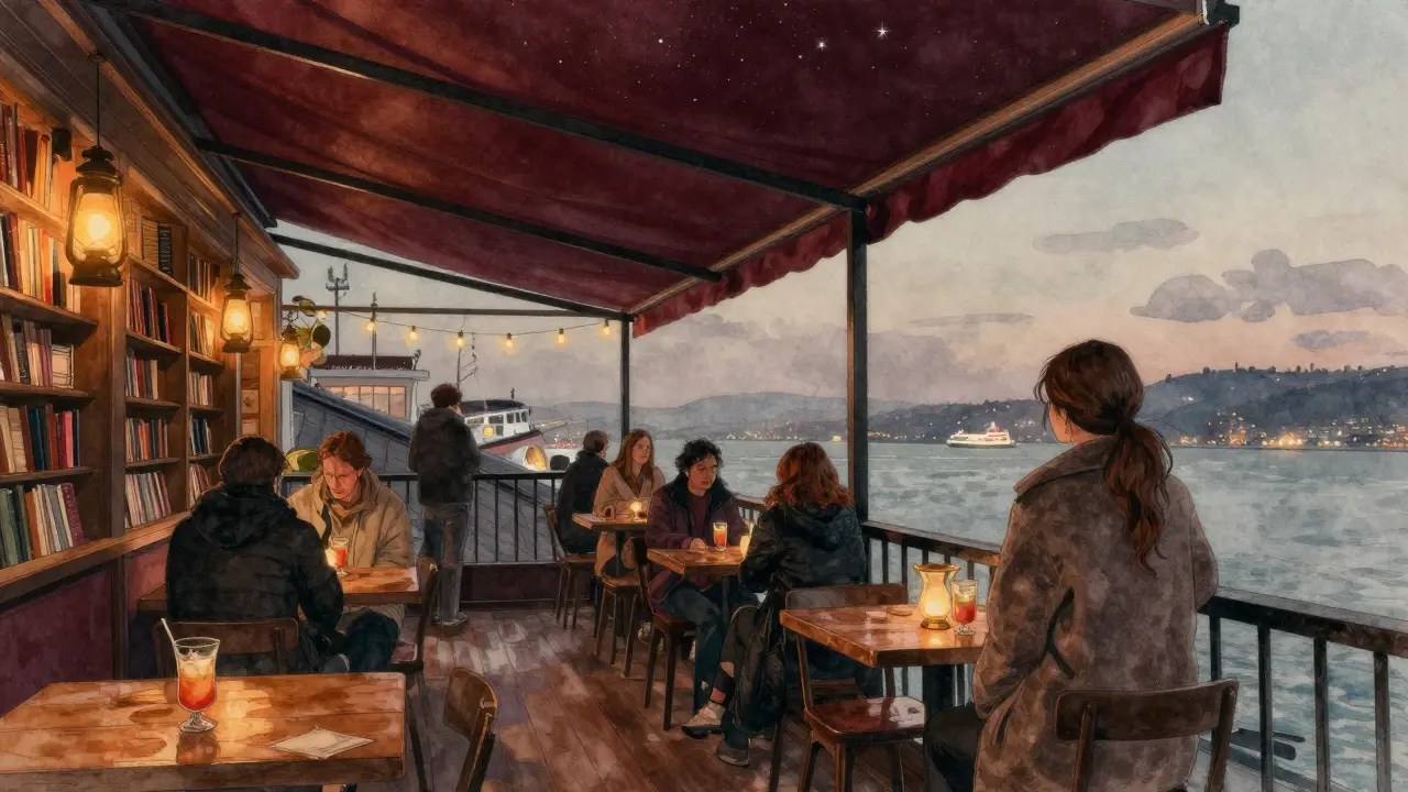 Rooftop bar in Kadıköy under starry skies, oil lamps glowing on wooden tables beside the Bosphorus.
