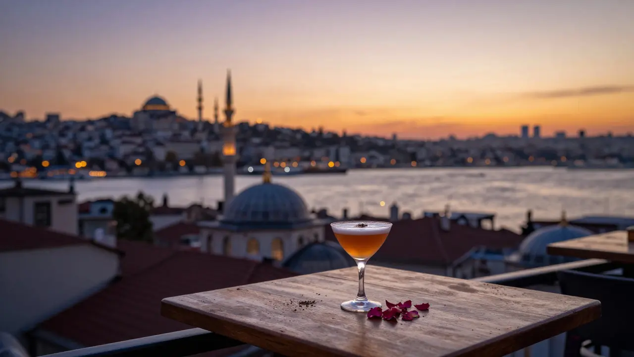 Rooftop bar overlooking the Bosphorus at sunset with a crafted drink and city skyline in the distance.