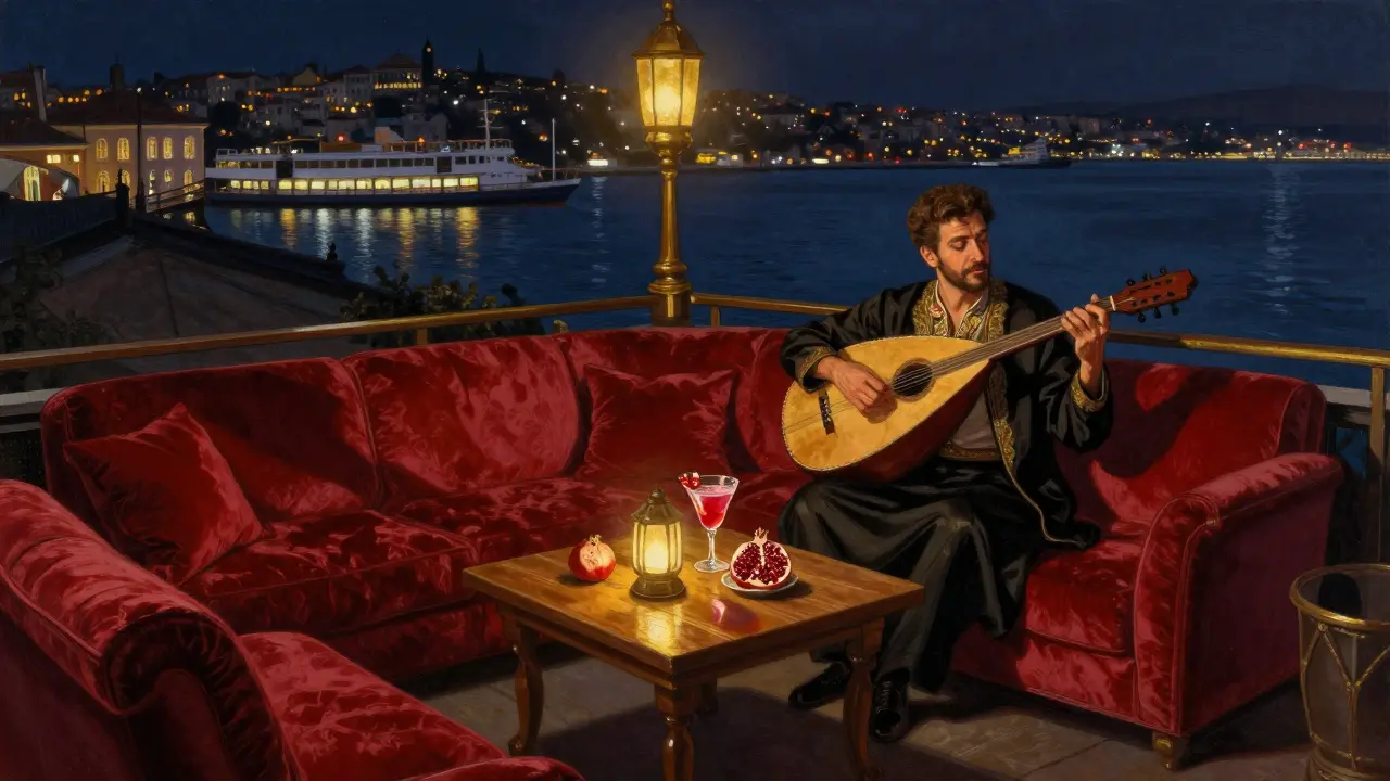 Rooftop lounge in Karaköy with oud player, velvet sofas, and cocktails under soft lantern light.
