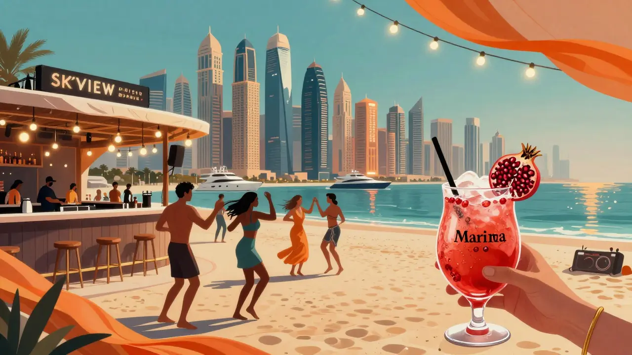 Rooftop terrace with guests dancing on sand under string lights, overlooking Dubai Marina's glowing skyline.