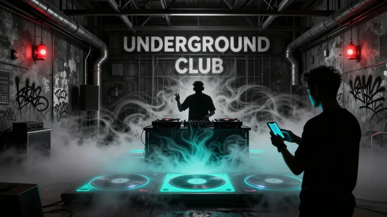 Secret underground club with fog, industrial decor, and a DJ hidden in shadows.