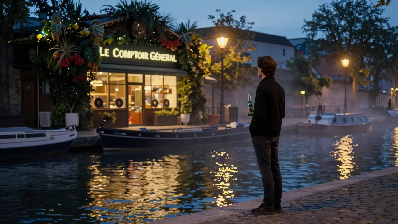 Someone sitting by Canal Saint-Martin at night, watching the water reflect lantern lights with Le Comptoir Général in the background.