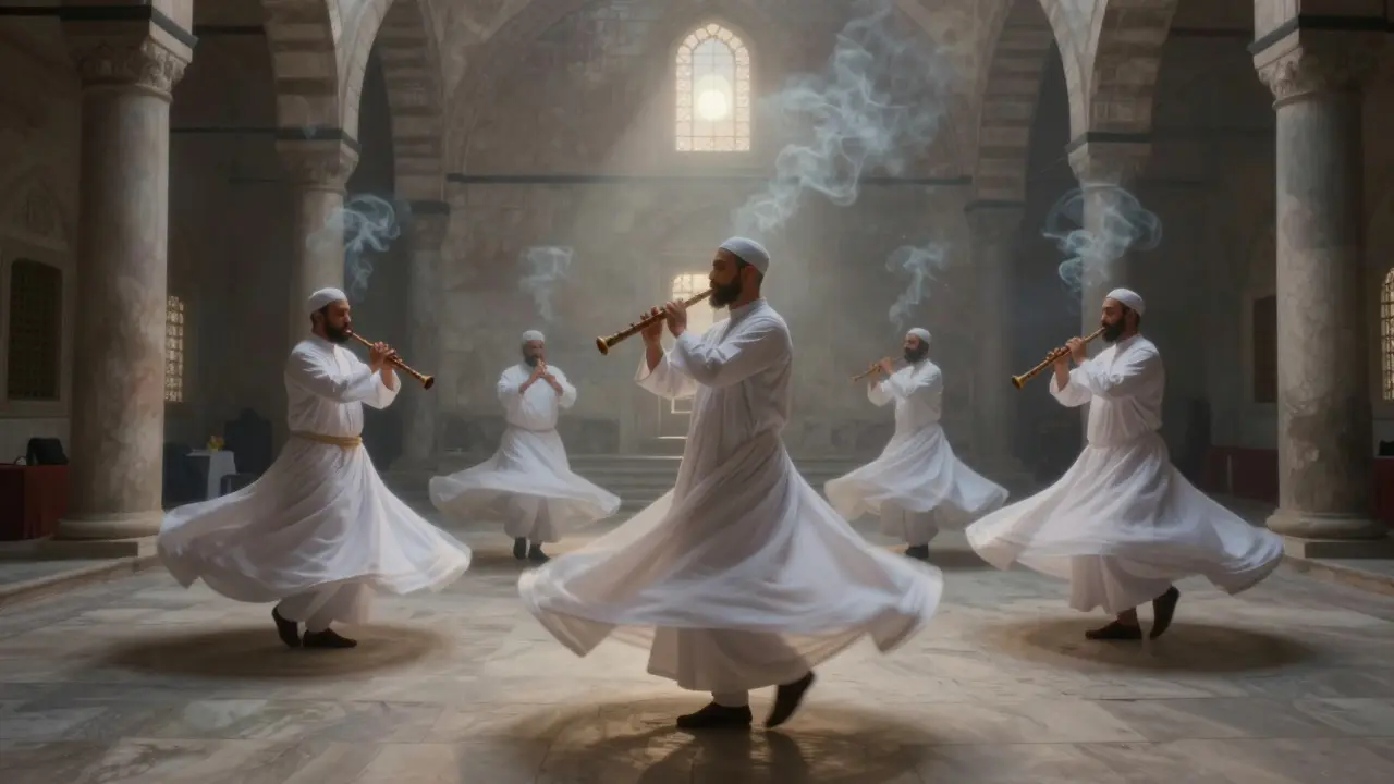 Sufi dervishes spinning in a stone tekke at dawn, robes swirling as moonlight filters through windows.