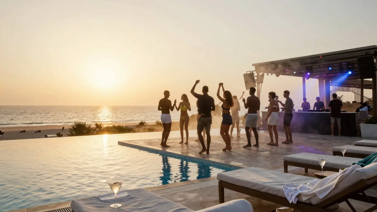 Sunrise over Cielo Dubai's poolside dance floor with silhouettes of partygoers and empty cocktails.