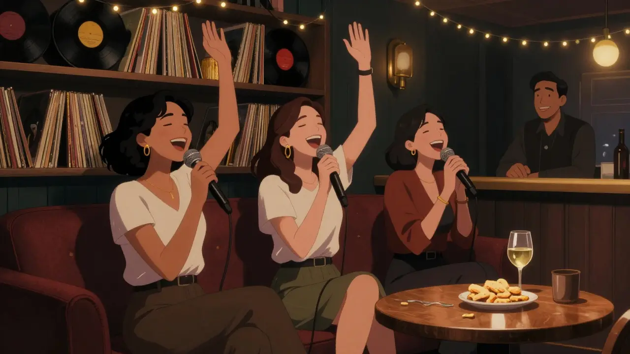 Three friends singing karaoke in a cozy room with string lights and wine glasses, smiling and having fun.