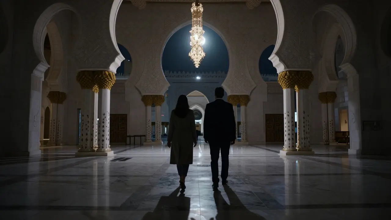 Two figures walking silently through the moonlit interior of a grand mosque, shadows stretching across marble floors.