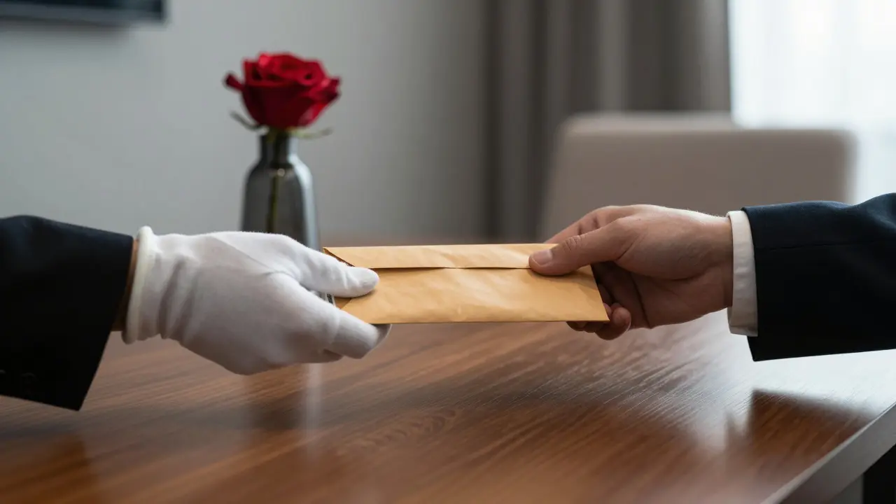 Two hands exchanging payment in a discreet hotel room, symbolizing trust and boundaries.