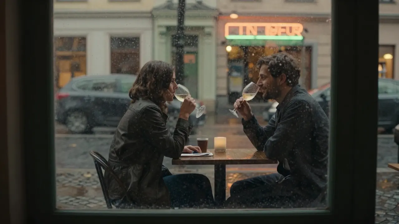 Two people at a rainy Berlin café, one listening intently, soft neon glow reflecting on wet streets.