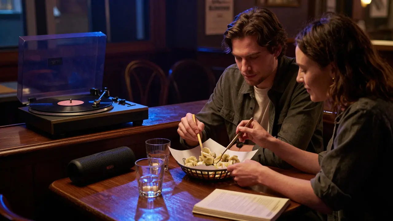 Two people enjoy dumplings and jazz in a dim Soho bar, no phones on the table.