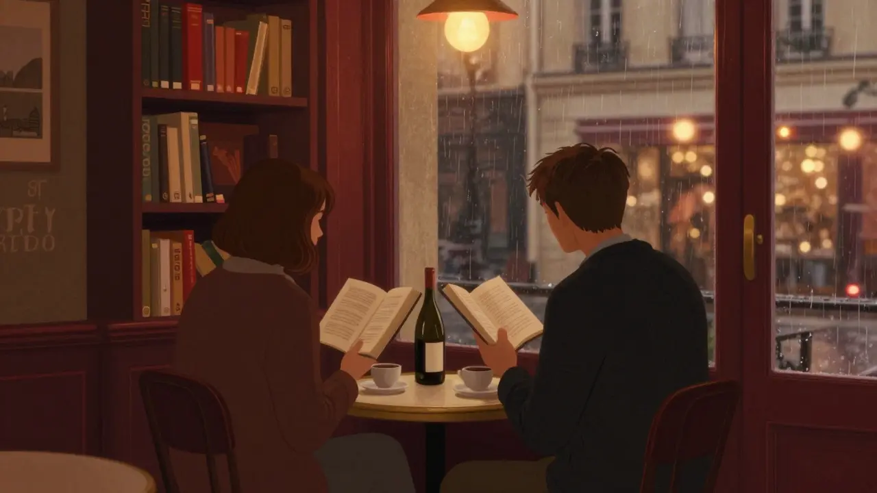 Two people share a quiet moment in a cozy Parisian café with soft lighting and rain outside.