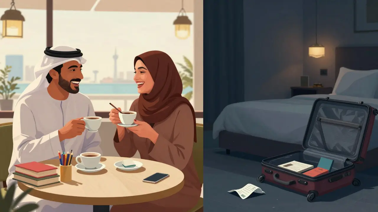 Two people share coffee at a sunny café in Abu Dhabi, surrounded by art and books, symbolizing genuine connection.