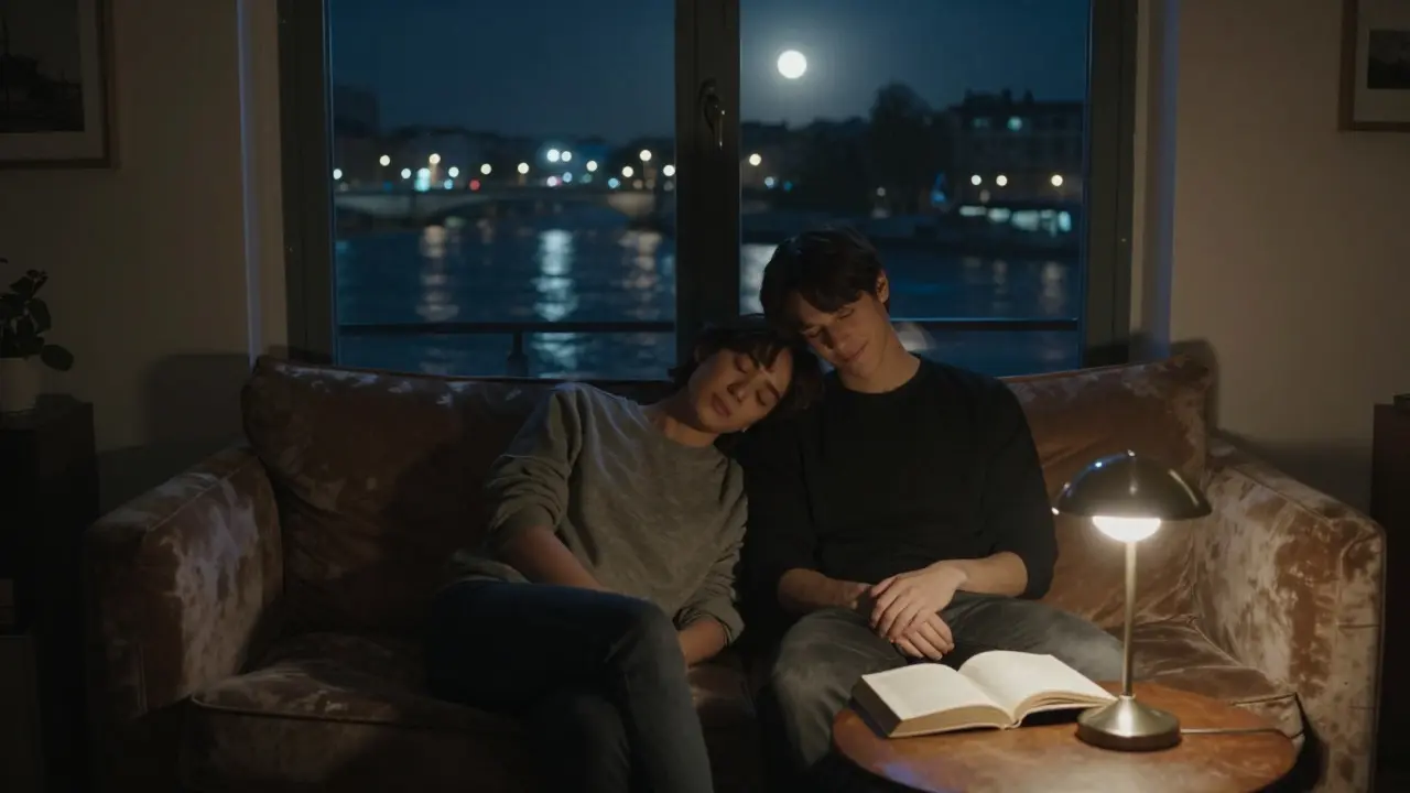 Two people sit in silent comfort on a velvet sofa, city lights reflecting in the window, conveying emotional safety and presence.