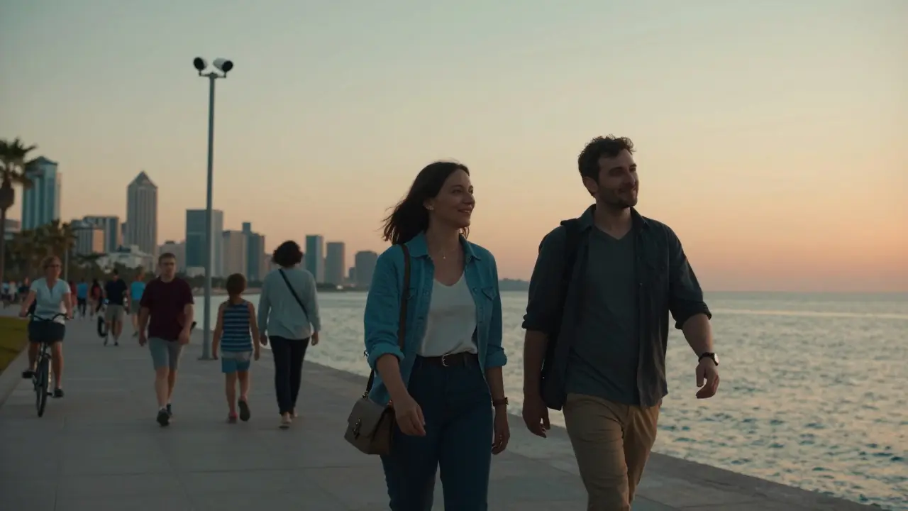 Two people walking calmly along Abu Dhabi's Corniche at sunset, surrounded by families and city lights.