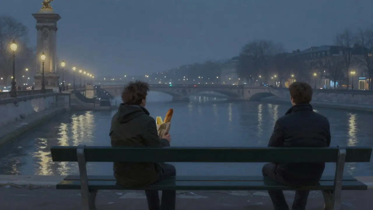 Two strangers sit silently on a bridge at night in Paris, sharing the quiet beauty of the city without speaking.