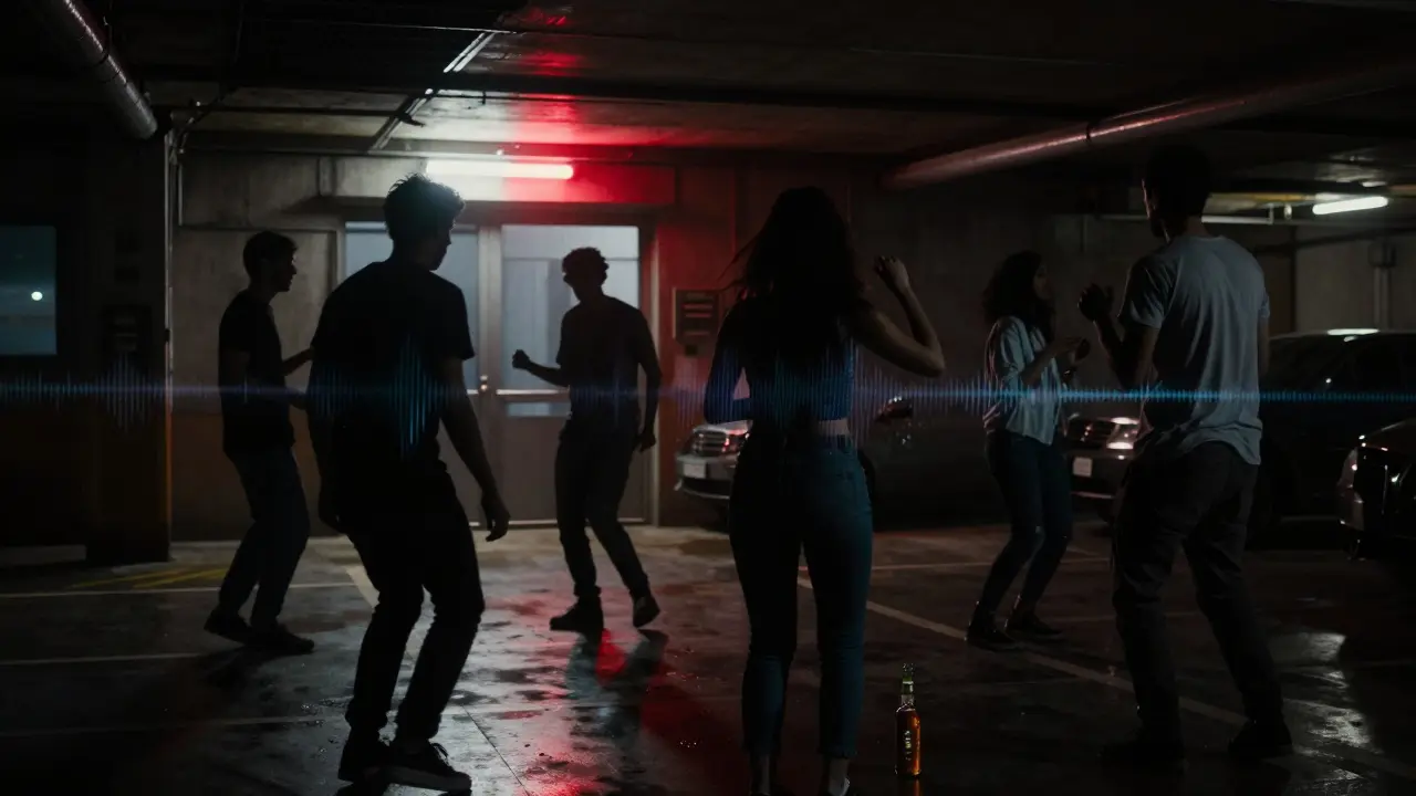 Underground club scene in a dark warehouse with dancers under a single red light.