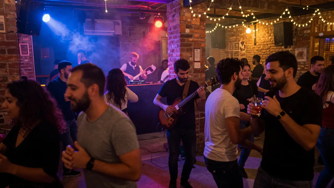 Underground club with live Turkish music and diverse crowd dancing under soft colored lights.
