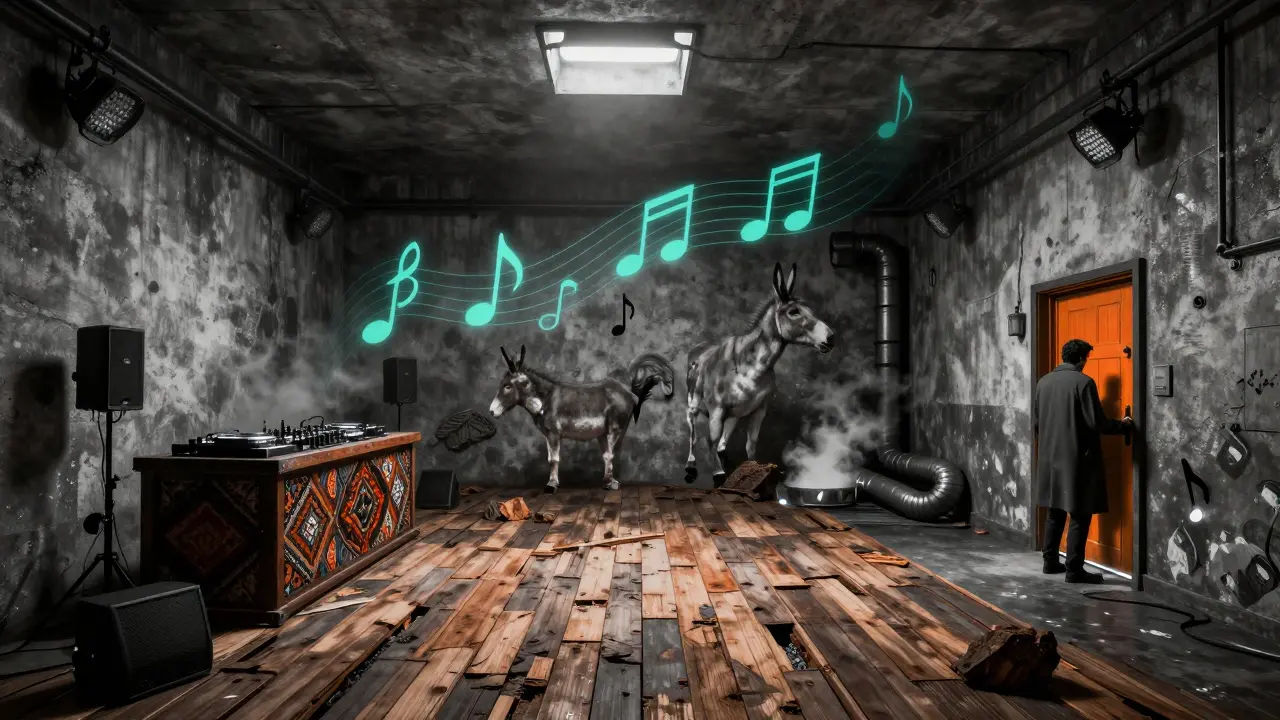 Underground club with shipwreck wood floor and steam pipes, musical notes floating like ghosts in the air.