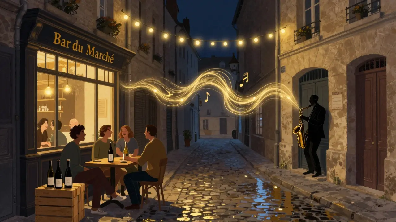 Vibrant street scene in Le Marais with wine bottles, jazz music spilling from an unmarked doorway.