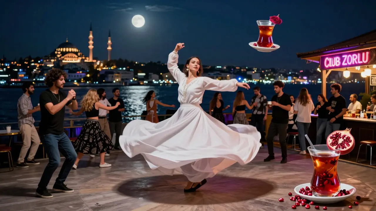 Whirling dervish above a modern dance floor, blending Ottoman traditions with contemporary beats and floating cocktails.