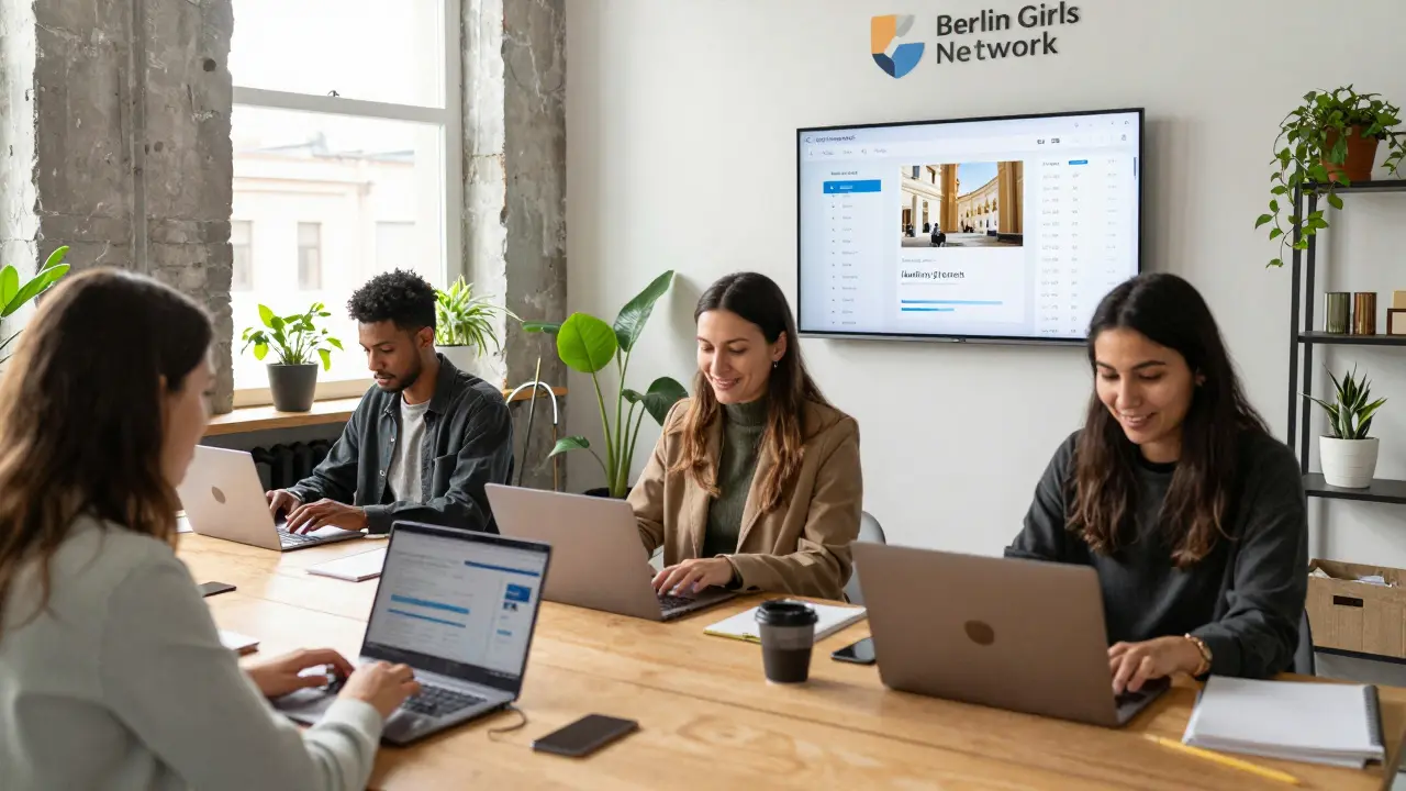 Women working independently in a bright loft space, updating personal escort profiles with real-life photos.