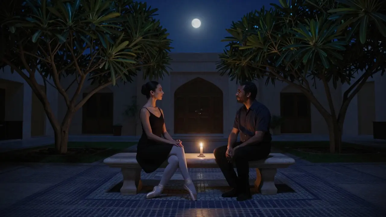 A ballet dancer sits peacefully in a garden courtyard under starlight, listening to a companion by candlelight.