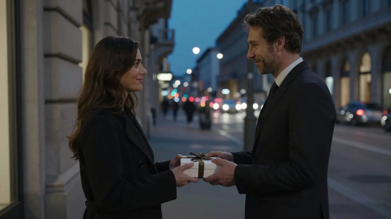 A client gently hands a book as a thank-you gift to an escort outside a Milan hotel at night.