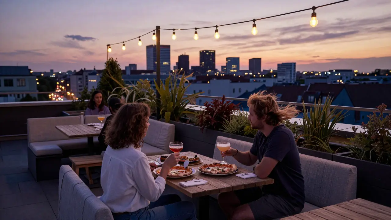 A couple relaxes on a rooftop garden at Klunkerkranich as Berlin’s skyline glows at sunset.