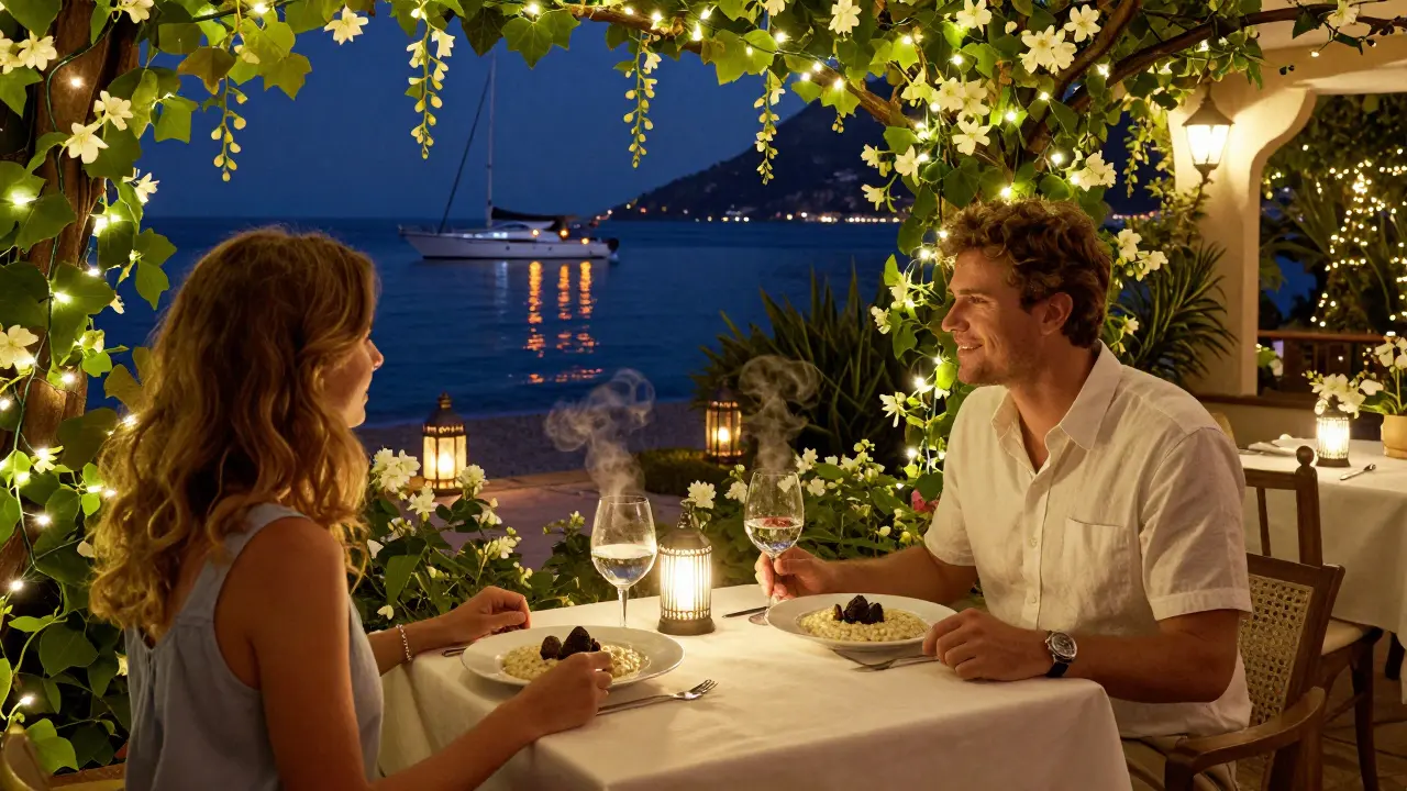 A couple sharing dessert under fairy lights beside the Mediterranean, with yachts glowing in the distance.