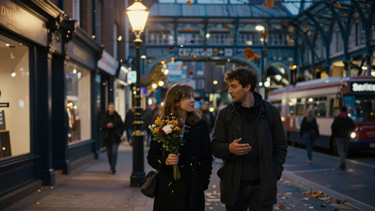A couple walking peacefully through Covent Garden at night.