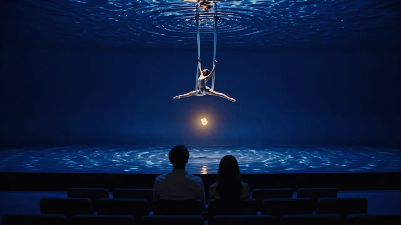 A couple watching a dancer suspended over water under a ceiling of shimmering reflections at a theatrical show.