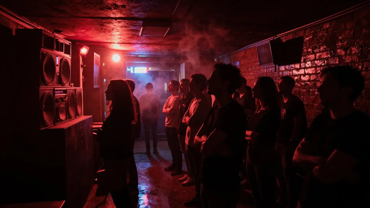 A crowded underground venue where people stand still, listening to live music in the dark.