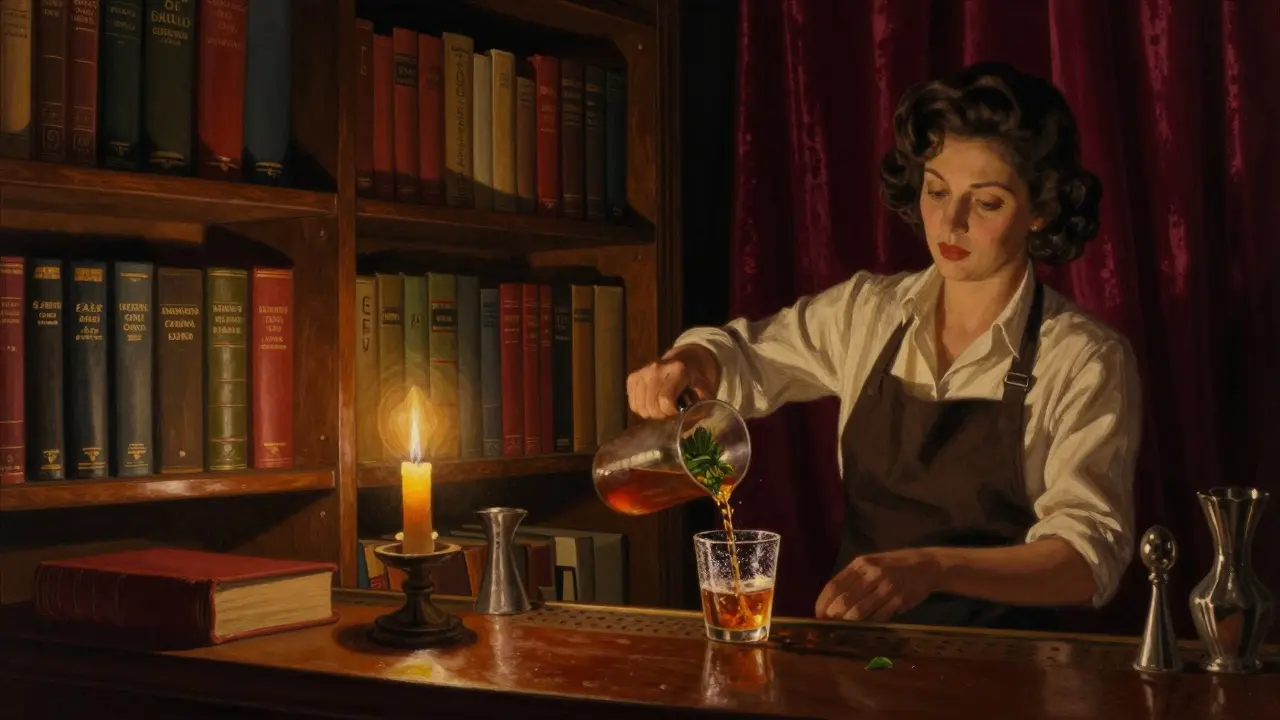 A dim speakeasy behind a bookshelf, lit by candles, with a barkeep pouring a herbal drink.