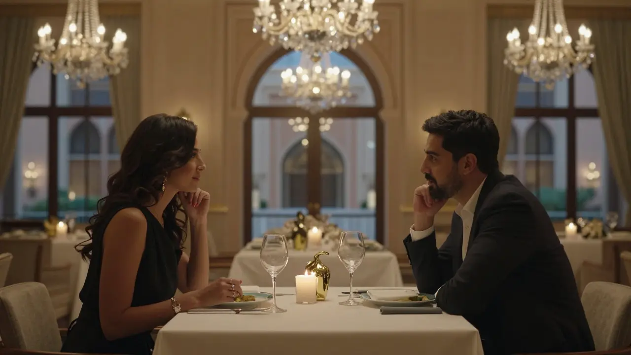 A discreet dinner at Emirates Palace's Al Mirqab Restaurant, candlelit and elegant.