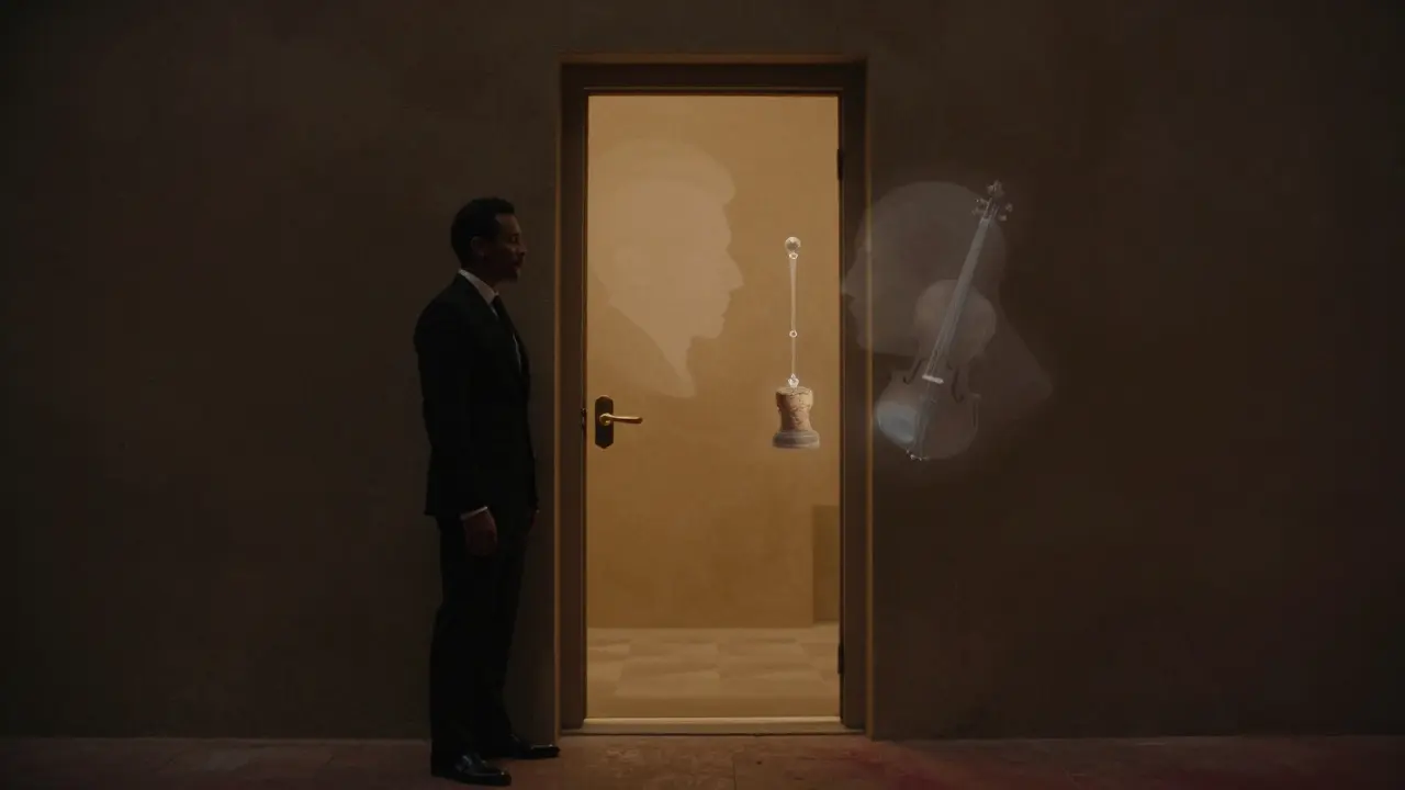 A hidden door in a dark alley emits warm light, guarded by a silent figure, no signs or labels visible.