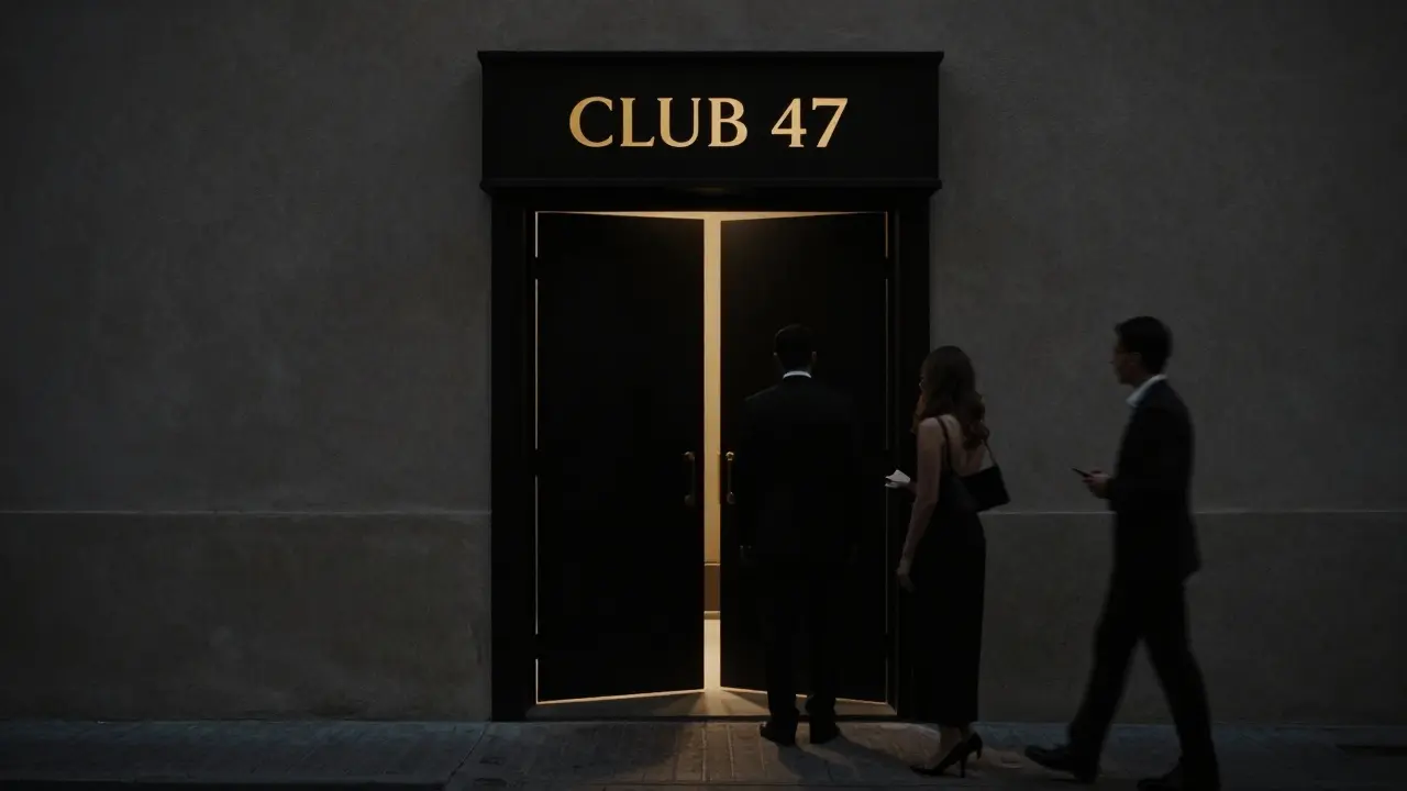 A hidden door in a quiet street glows faintly, hinting at the exclusive Club 47 inside, no signs or markings visible.