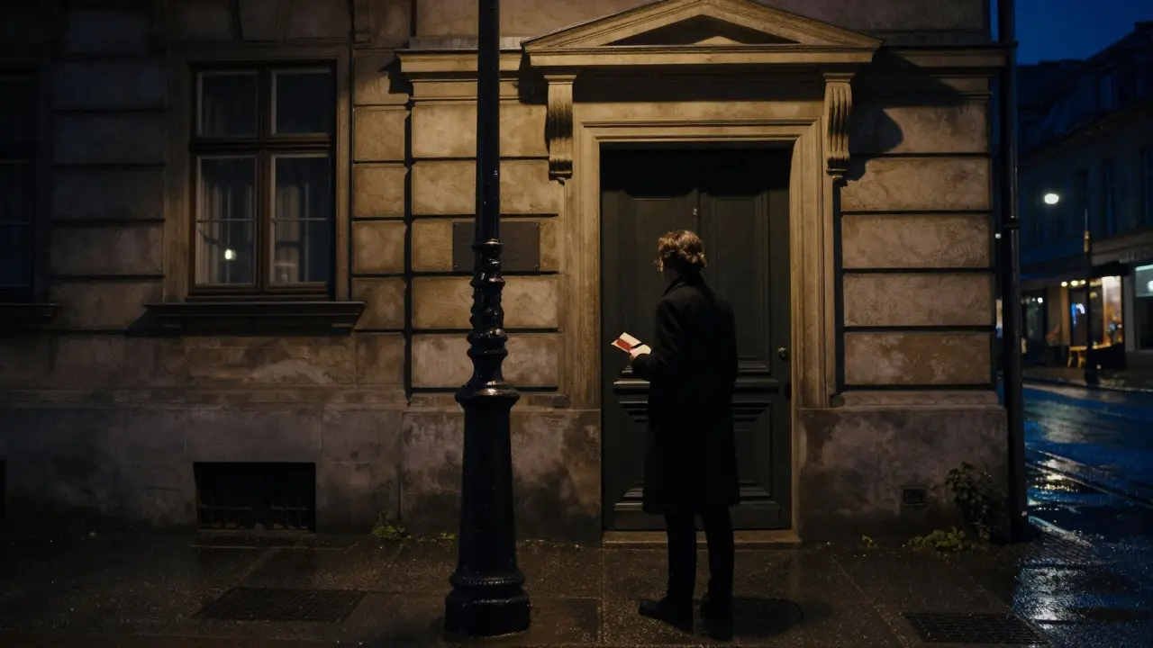 A lone figure in a coat pauses under a Berlin streetlamp at night, holding an envelope, hidden entrance nearby.