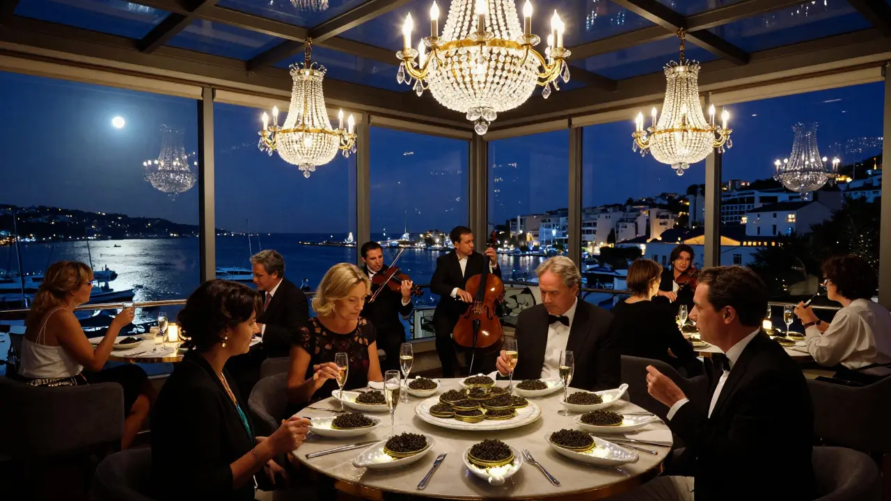 A luxurious rooftop bar at midnight with string musicians and panoramic harbor views, guests in quiet elegance.